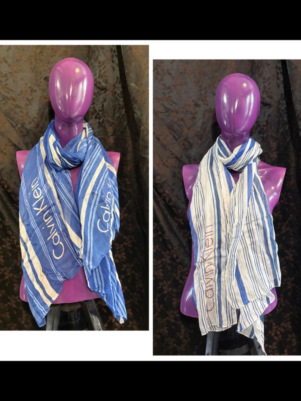 Set of 2 Calvin Klein Mixed Stripe Scarves : Blue White : New Pre Pro Samples